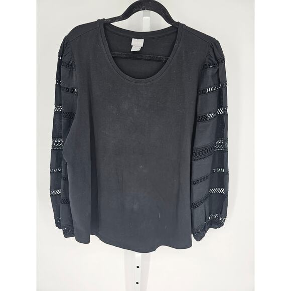 Chico's Women's Long Sleeve Round Neck Black Pull-over Blouse Top Size 3 Crochet - Picture 1 of 4